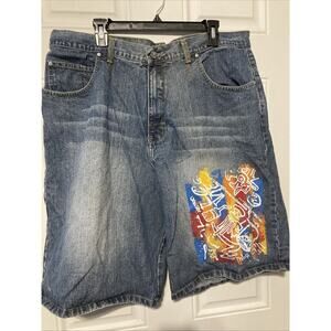 Y2K Miskeen Jean Shorts Jorts Blue Sz 38 Wide Skater Streetwear Hip Hop